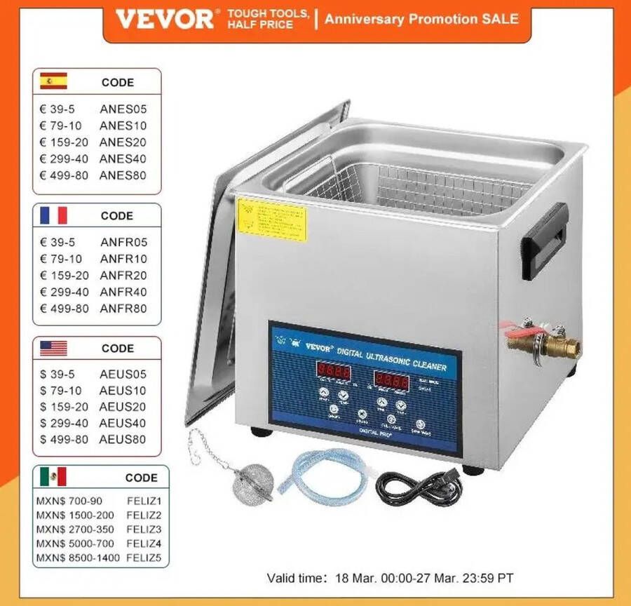 Vevor KOSMOS Ultrasoon Reiniger 10 L Krachtige Reiniging voor Carburateurs Injectoren & Meer Ultrasoonbad voor Brillen & Meer Ideaal voor Thuis of Professioneel Gebruik