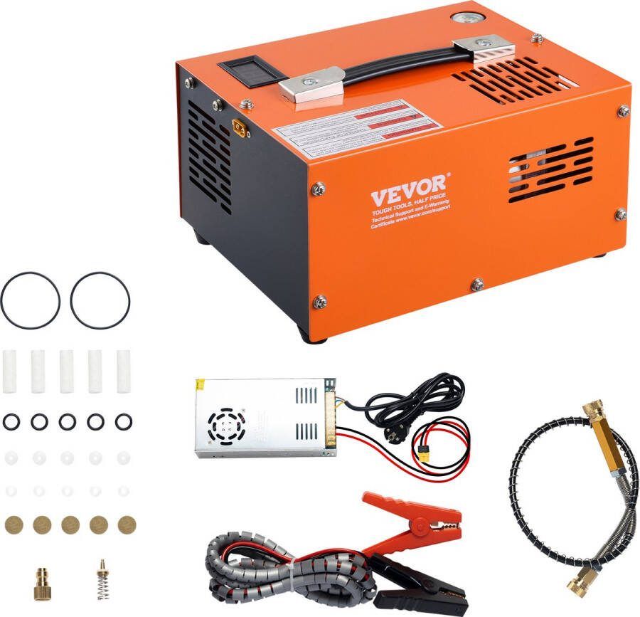 Vevor PCP Compressor 300 bar -500W Handschakelaar Luchtcompressor 0 5L Duikcompressor AC115V Luchtpomp incl. 8 mm hogedrukslang met batterijklem en een set accessoires Oranje