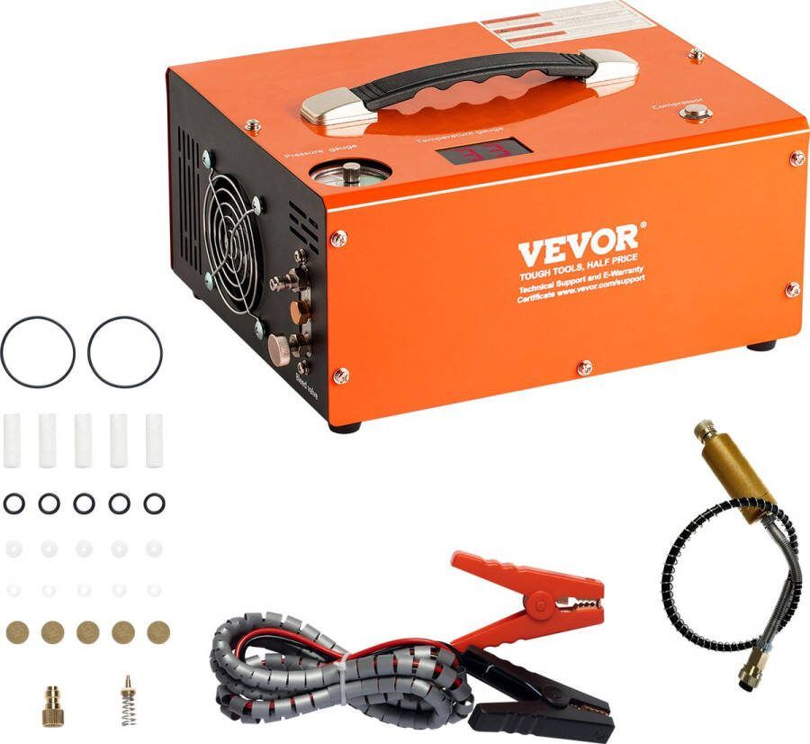 Vevor PCP compressor 300 bar -500W luchtcompressor 0 5L duikcompressor luchtpomp incl. 8 mm hogedrukslang met snelkoppeling accuklem en een set accessoires Oranje