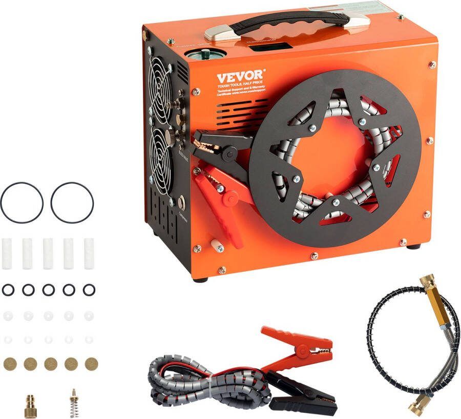 Vevor PCP Compressor 300 bar -600W Handschakelaar Luchtcompressor 1L Duikcompressor AC120V luchtpomp incl. 8 mm Hogedrukslang met Snelkoppeling Accuklem en Een set Accessoires Oranje