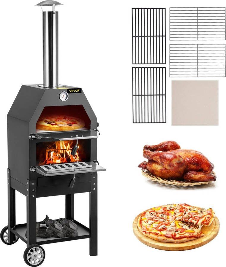 Vevor Pizza Oven Pizza Oven Buiten Met Wielen Pizza Steen Buiten Oven Hout Oven BBQ 2 Lagen Zwart