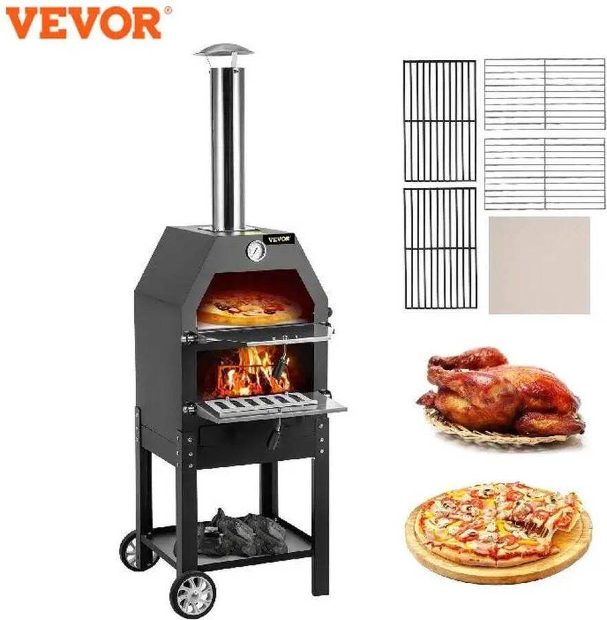 Vevor ShopEighty8 Pizzaovens Pizzaoven Buiten Pizzaoven Outdoor Bakken Pizza Steen 2 Laags Ontwerp Met Wielen L 40 x B 35 x H 142 cm Zwart