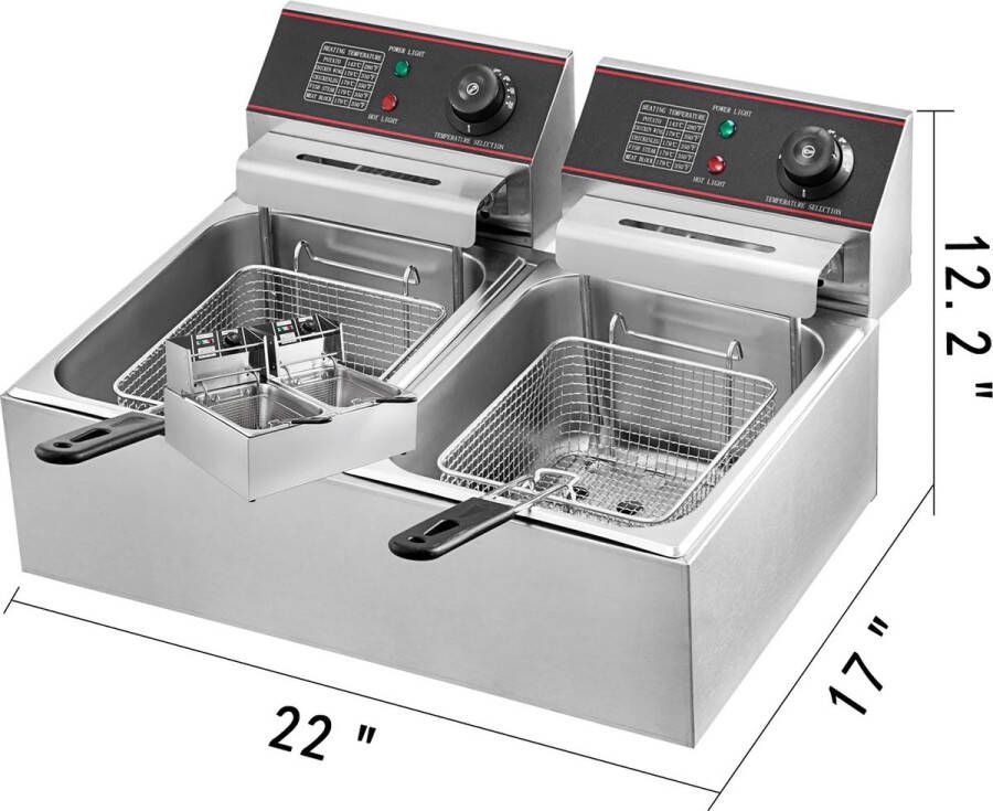 Vevor Shoppee Dubbele frituurpan 2L Dubbele Tanks van Roestvrij Staal-5000W voor het bakken van frituur snacks Met Dubbele Mand En Deksel Verstelbare Temperatuurregeling