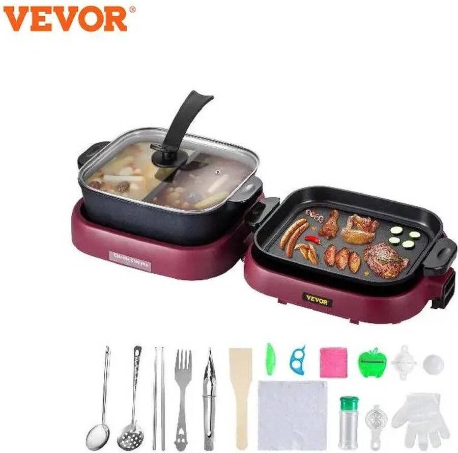 Vevor Shoppee Electrische Party Pan Elektrische Multipan BBQ Hotpot Electrisch Hapjespan Opvouwbaar- 2 In 1 Elektrische Hot Pot Bbq Grill 2000W Multifunctionele Draagbare Opvouwbare Anti-Stick Split Pot Rookloze Barbecuepan