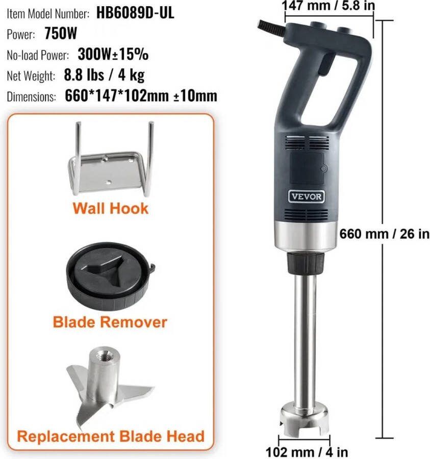 Vevor Staafmixer 750W 20 Handmixer Voor Zwaar Gebruik Keukenmixer Met Variabele Snelheid Met Roestvrijstalen Mes