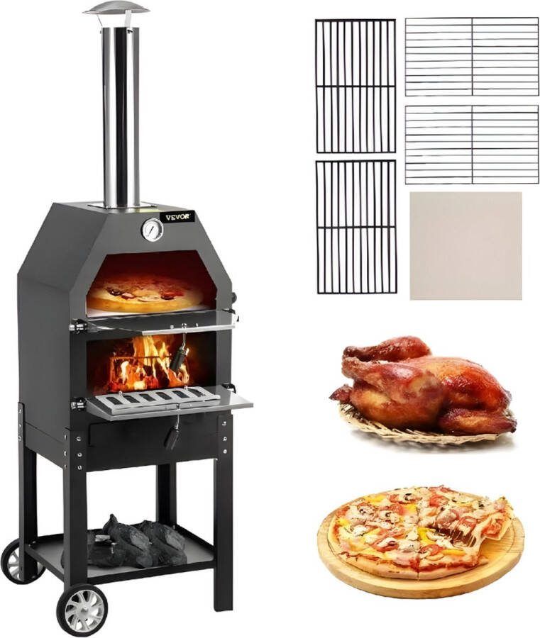 Vevor SureDeal Luxe BBQ Pizza oven 2-in-1 Houtoven Pizzasteen Houtskool BBQ 45.8x46.4x141.8 cm