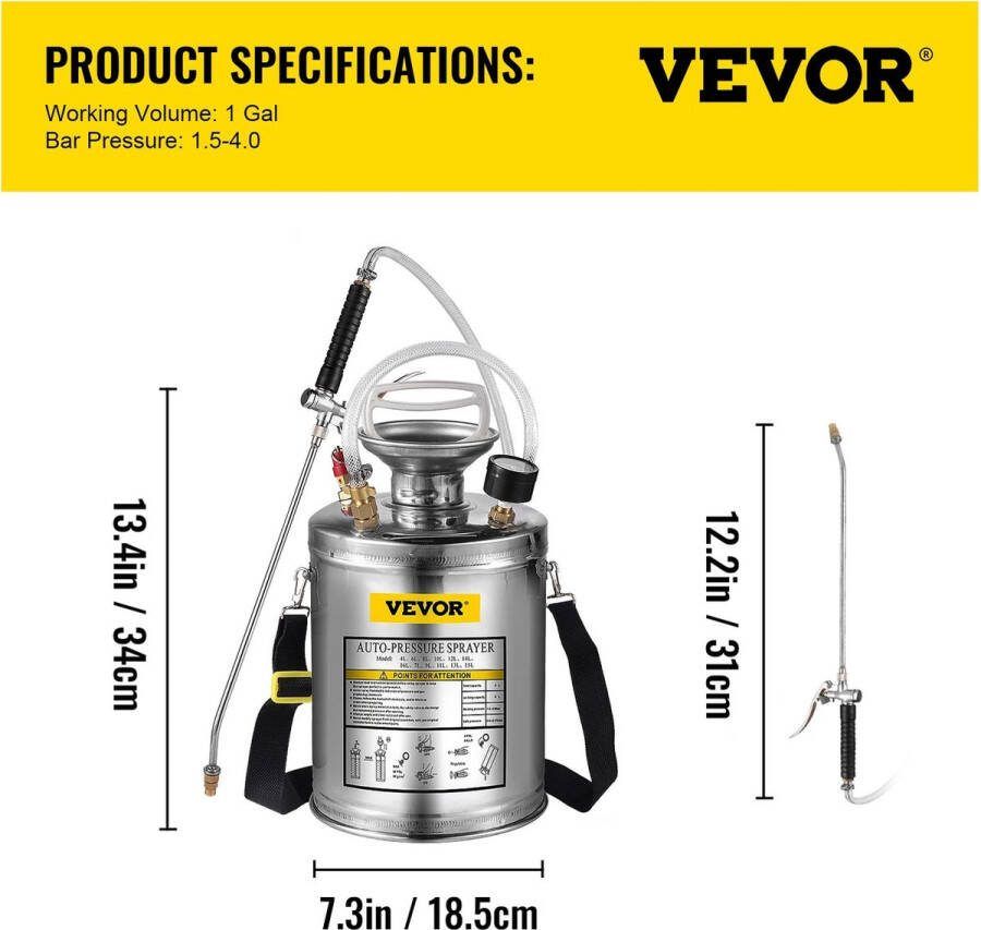 Vevor Tuinsproeier Sproeier Onkruidsproeier 4L 1.5 4.0 Bar 2.5KG