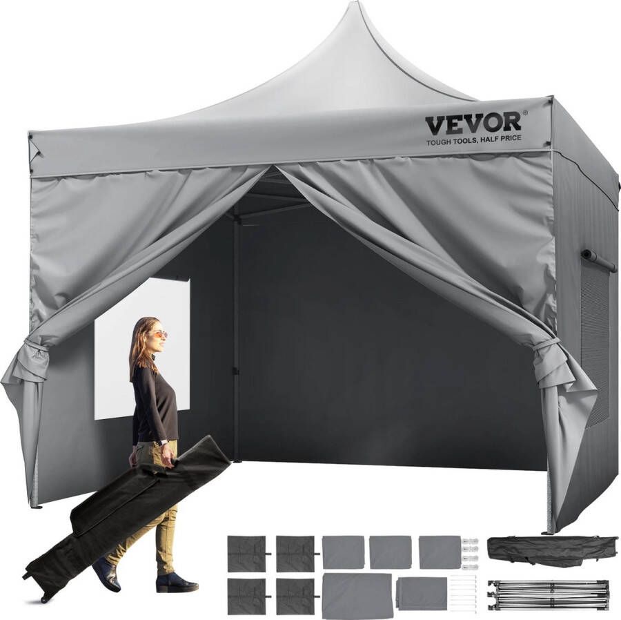 Vevor Tumex Partytent waterdicht Pop-up Tent Paviljoen 3 Verstelbare Hoogtes Inclusief Zijwanden en Opbergtas met Wielen Grijs
