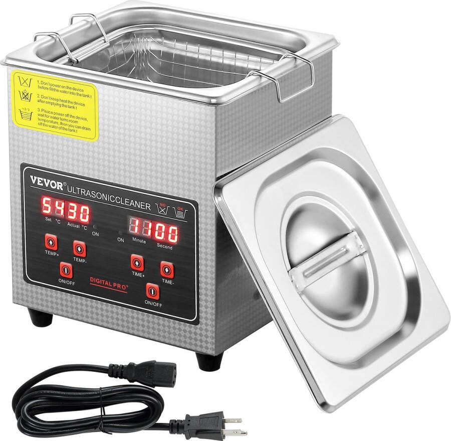Vevor Ultrasone Reiniger Roestvrij Staal Met Digitaal Display 2L 17.5*16.5*19cm Voor Laboratoria Voedsel Biologie Medische en Agrarische Industrieën Of Dagelijkse Reiniging Golfclubs Zilver