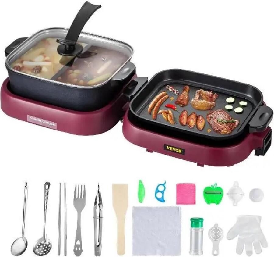 Vevor 2 in 1 Hot Pot Hete Pot BBQ Grill Grillplaat Multifunctionele Portable van Aluminium 2000W Non-Stick 70x29x25 5 cm