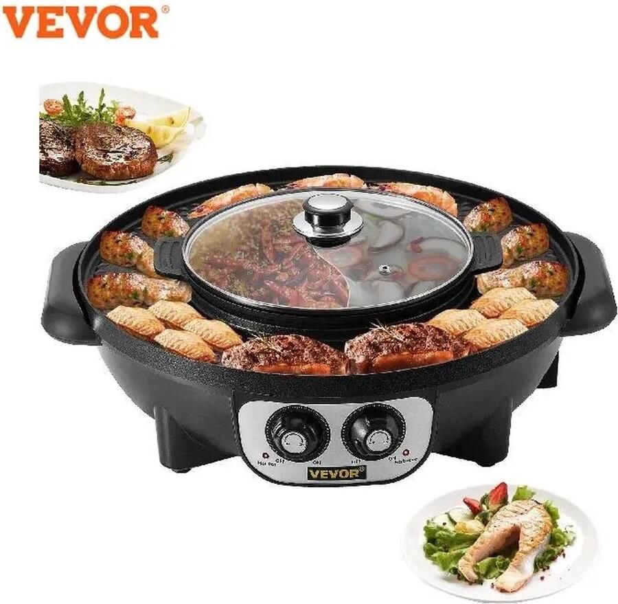 Vevor™ Comfort Living Vevor Koreaanse BBQ en Hotpot Elektrische Set Geniet van een Koreaanse Grill en Hotpot Ervaring Gourmetstel met Steengrill Zwart