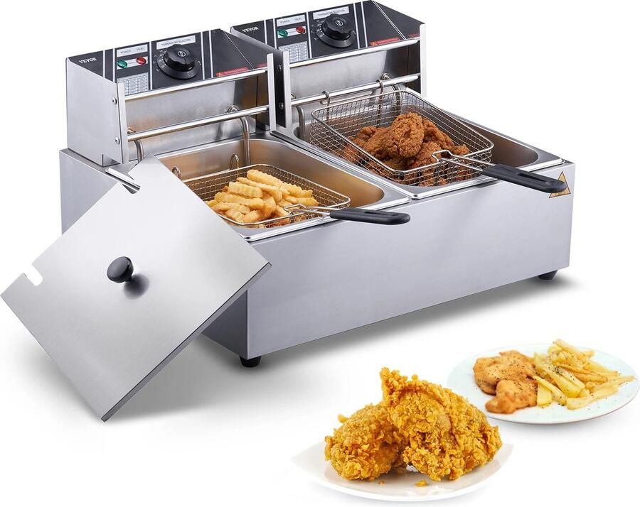 Vevor Go-shipping Frituurpan Elektrische Friteuse 12L Dubbele Frituurpan 3000W Zilver