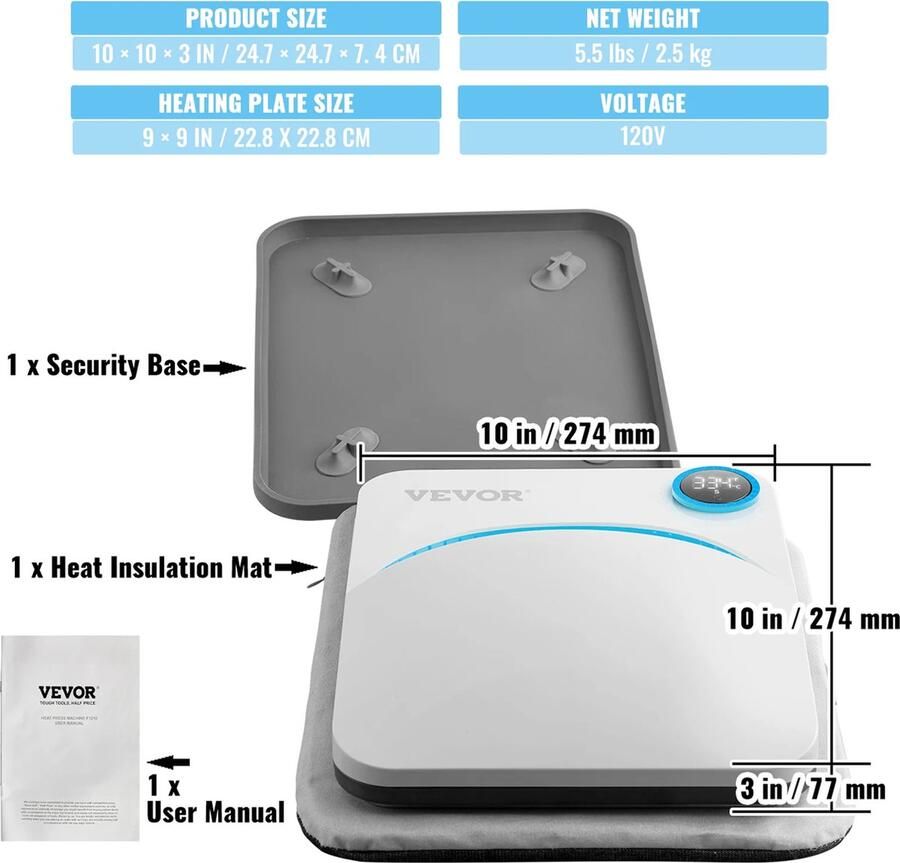Vevor Heat Press Transferpers Draagbare Warmte Pers Machine Upgrade Model Multifunctioneel T-Shirts Tassen -Onderzetters Dekens enz. L24.7 x B24.7 x H7.4CM Blauw