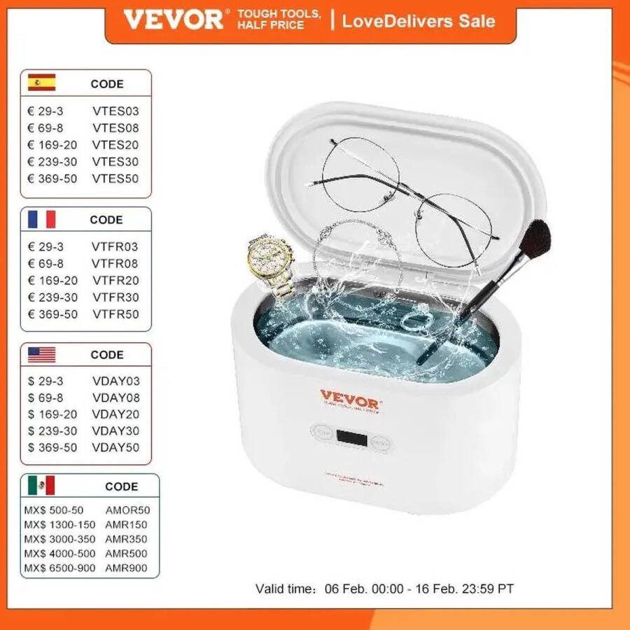 Vevor™ Vevor Professionele Ultrasoon Reiniger Ultrasoonbad Reinigingsbad sieraden Sterilisator Brillen Sieraden Horloge Make-up kwast