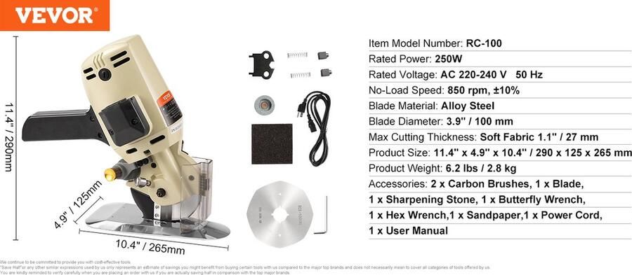 Vevor Snijmachine Stof Snijder Elektrische Roterende Stof Snijmachine 250 W Achthoekig Mes Koperen motor