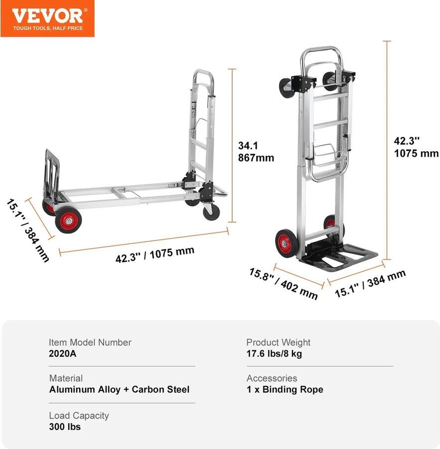 Vevor™ Vevor Steekwagen Plateauwagen Transportkar 2 In 1 Opvouwbaar Inklapbaar 140 Kg Draagkracht