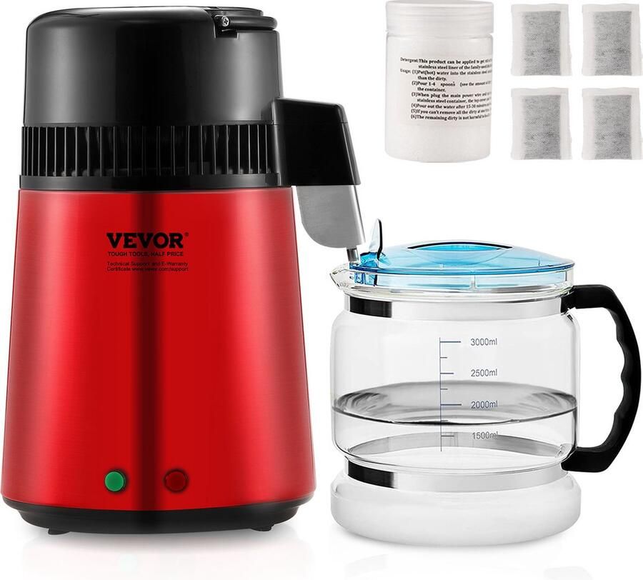 Vevor Water Distilleerder-1 L uur-4L Destilleerketel-Roestvrij Staal-750W Destilleerapparaat met Dubbele Temperatuurweergave-Reinigingspoeder voor Glazen Karaf 3 Carbon Packs Bordeaux