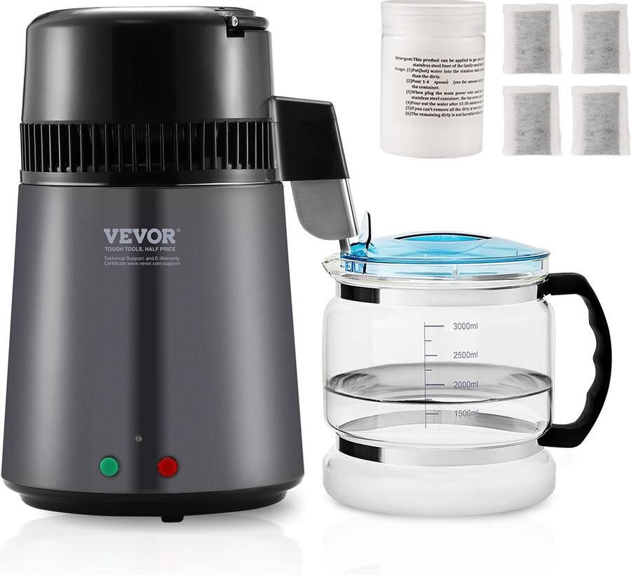 Vevor Waterdistilleerapparaat-1 L Uur-4l Distilleerapparaat Roestvrij Staal-750w Distilleerapparaat Met Dubbele Temperatuurdisplay-Reinigingspoeder Voor Glazen Karaf 3 Koolstofpakken Donkergrijs
