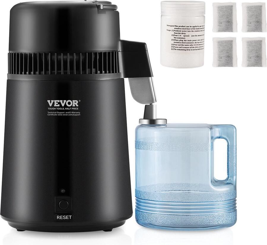 Vevor waterdistilleerapparaat-1 L uur-4L distilleerapparaat roestvrij staal-750W distilleerapparaat met één temperatuurdisplay-reinigingspoeder voor glazen karaf 3 koolstofpakketten Zwart