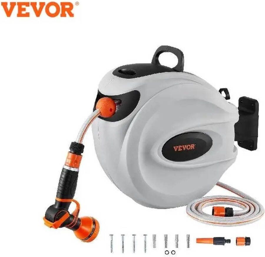 Vevor Wandslangenbox 20 meter- Tuinslang met haspel 9 Sproei standen Slangenhouder 180° Draaibaar Tuinslanghaspel Grijs