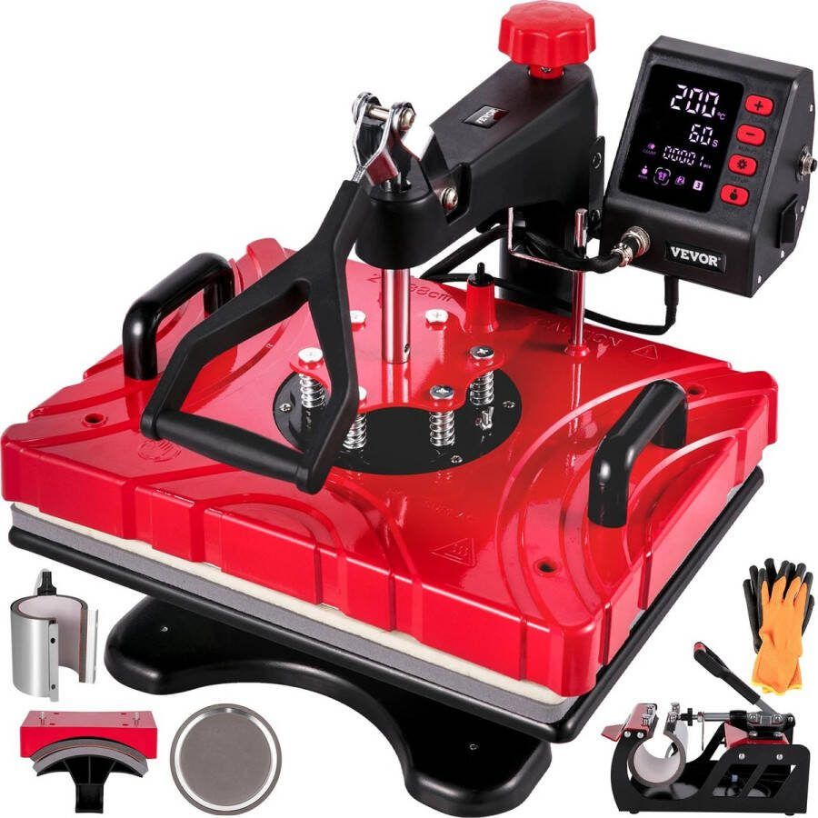Vevor. Warmte Persmachine Heat Press Machine 12x15 Sublimatie Printer Digitaal LED-Display Transferpers 10 in 1 Rood Hittepers met Benodigde Accessoire