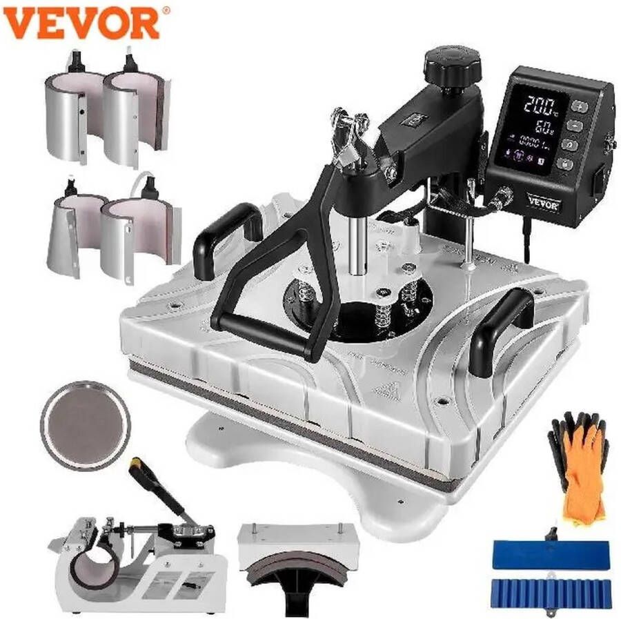 Vevor Warmte Persmachine Heat Press Machine 12x15 Sublimatie Printer Digitaal LED-Display Transferpers 10 in 1 Rood Hittepers met Antibrandwonden cover en Benodigde Accessoire
