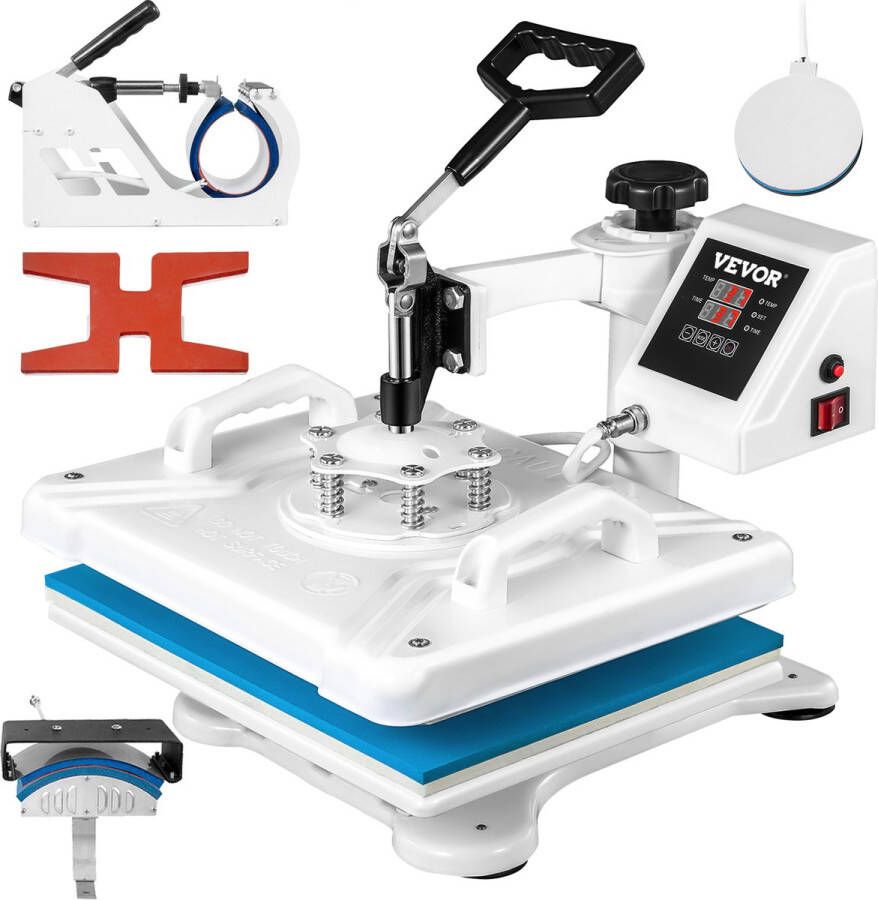 Vevor Warmte Persmachine Transferpers 5 In 1 Hittepers Met 30 x 38cm Hitteplaat VERWARMING MET DUBBELE BUIS Voor Het Aanbrengen Van Letters Cijfers En Patronen Op Petten T-Shirts Kopjes Borden Wit