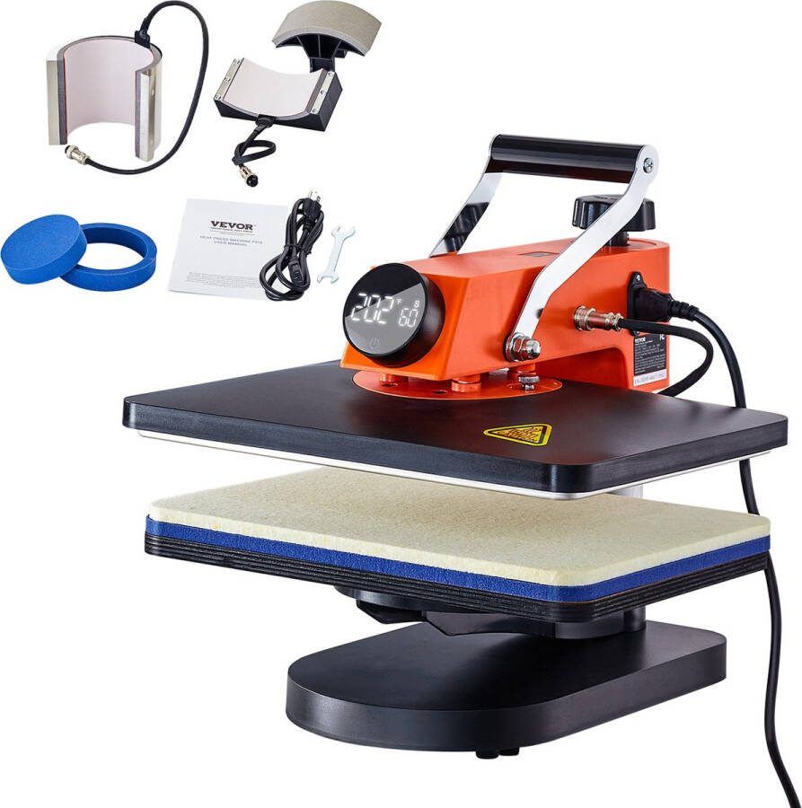 Vevor Warmte Persmachine Transferpers 5 In 1 Hittepers Met 38 x 30 cm Mica-verwarmingscomponenten Displays met Twee Schermen Geschikt Voor Het Aanbrengen Van Letters Cijfers En Patronen Op Petten T-Shirts Kopjes Borden Oranje