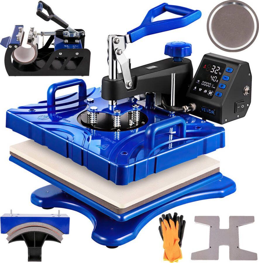 Vevor Warmte Persmachine Transferpers 6 In 1 Hittepers Met 29 x 38 cm Hitteplaat LED VERWARMING MET DUBBELE BUIS Voor Het Aanbrengen Van Letters Cijfers En Patronen Op Petten T-Shirts Kopjes Borden Blauw