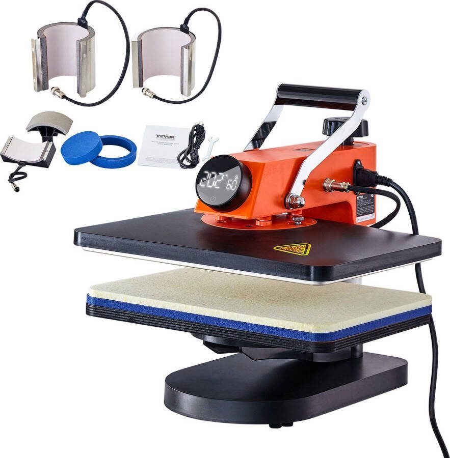 Vevor Warmte Persmachine Transferpers 6 In 1 Hittepers Met 38 x 30 cm Mica-verwarmingscomponenten Displays met Twee Schermen Geschikt Voor Het Aanbrengen Van Letters Cijfers En Patronen Op Petten T-Shirts Kopjes Borden Oranje