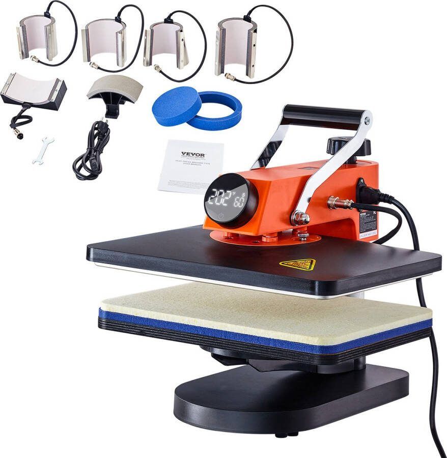 Vevor Warmte Persmachine Transferpers 8 In 1 Hittepers Met 38 x 30 cm Mica-verwarmingscomponenten Displays met Twee Schermen Geschikt Voor Het Aanbrengen Van Letters Cijfers En Patronen Op Petten T-Shirts Kopjes Borden Oranje