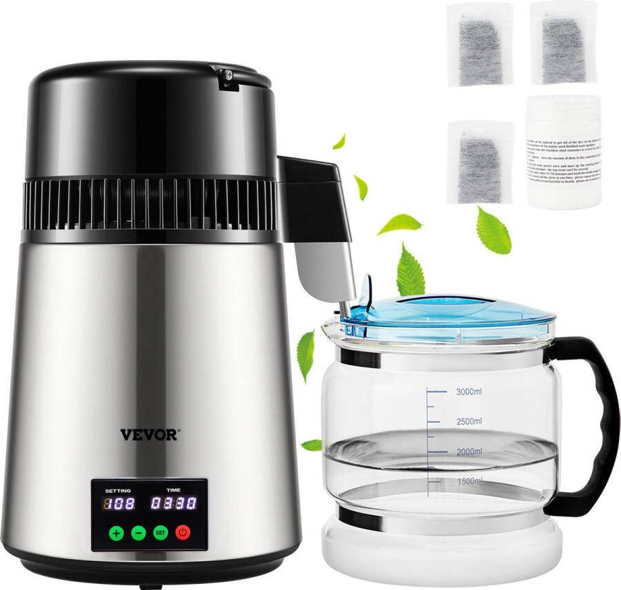 Vevor Water Distilleerder-1 L uur-4L Destilleerketel-Roestvrij Staal-750W Destilleerapparaat met Nauwkeurige Temperatuurweergave-Reinigingspoeder voor Glazen Karaf 3 Carbon Packs