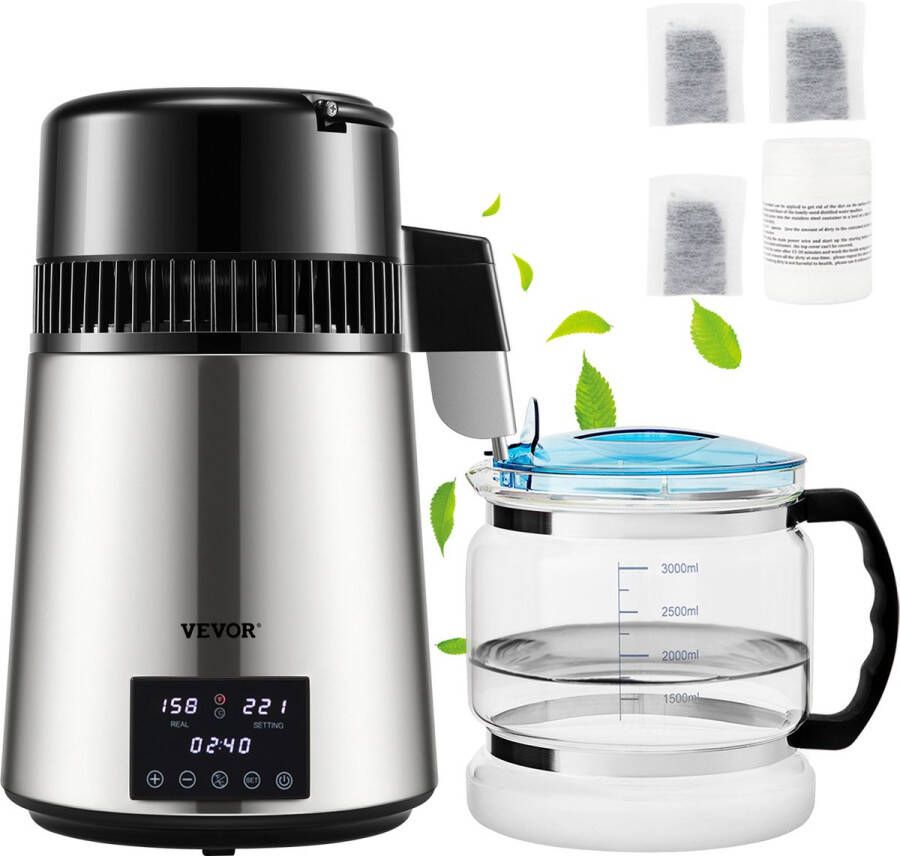 Vevor Water Distilleerder-1.5 L uur-4L Destilleerketel-Roestvrij Staal-1750W Destilleerapparaat met Dubbele Temperatuurweergave-Reinigingspoeder voor Glazen Karaf 3 Carbon Packs