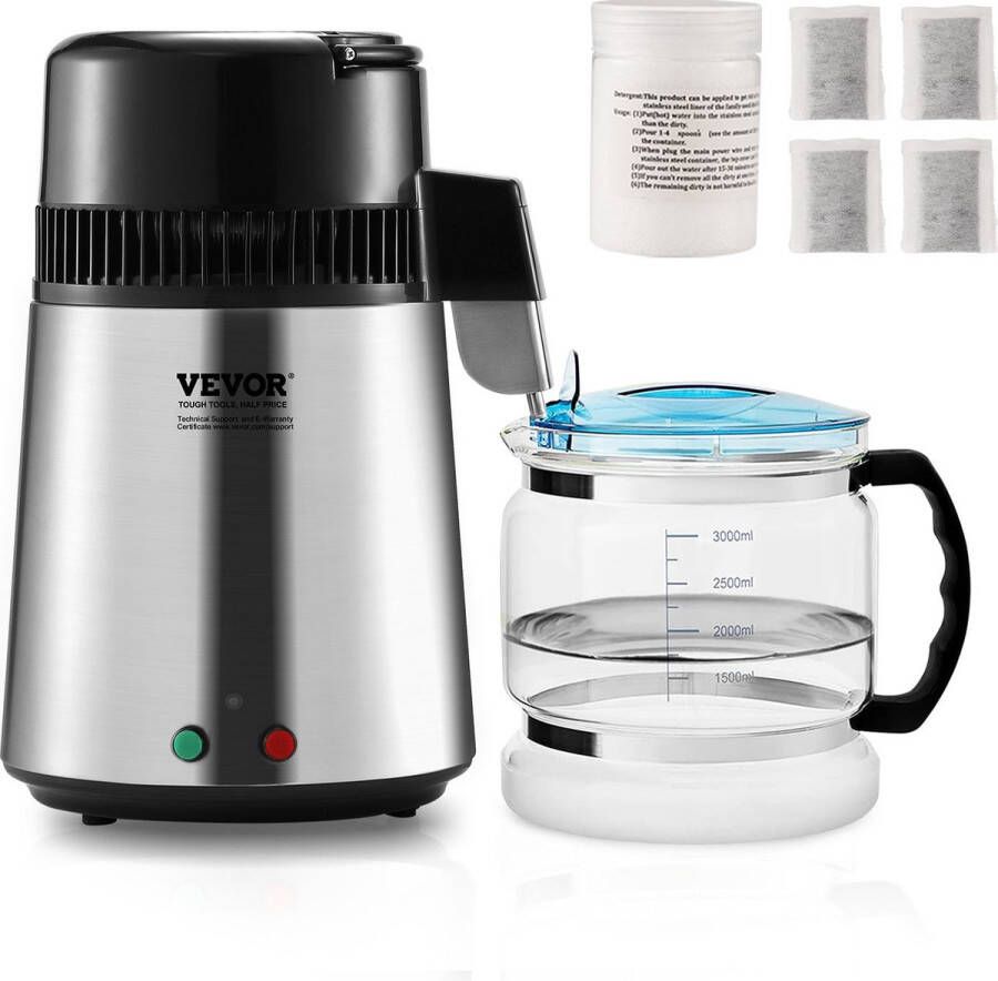 Vevor Waterdestilleerapparaat-1 L Uur-4l Destilleerapparaat Roestvrij Staal-750w Destilleerapparaat Met Dubbele Temperatuurweergave-Reinigingspoeder Voor Glazen Karaf 3 Koolstofpakken-Zilver