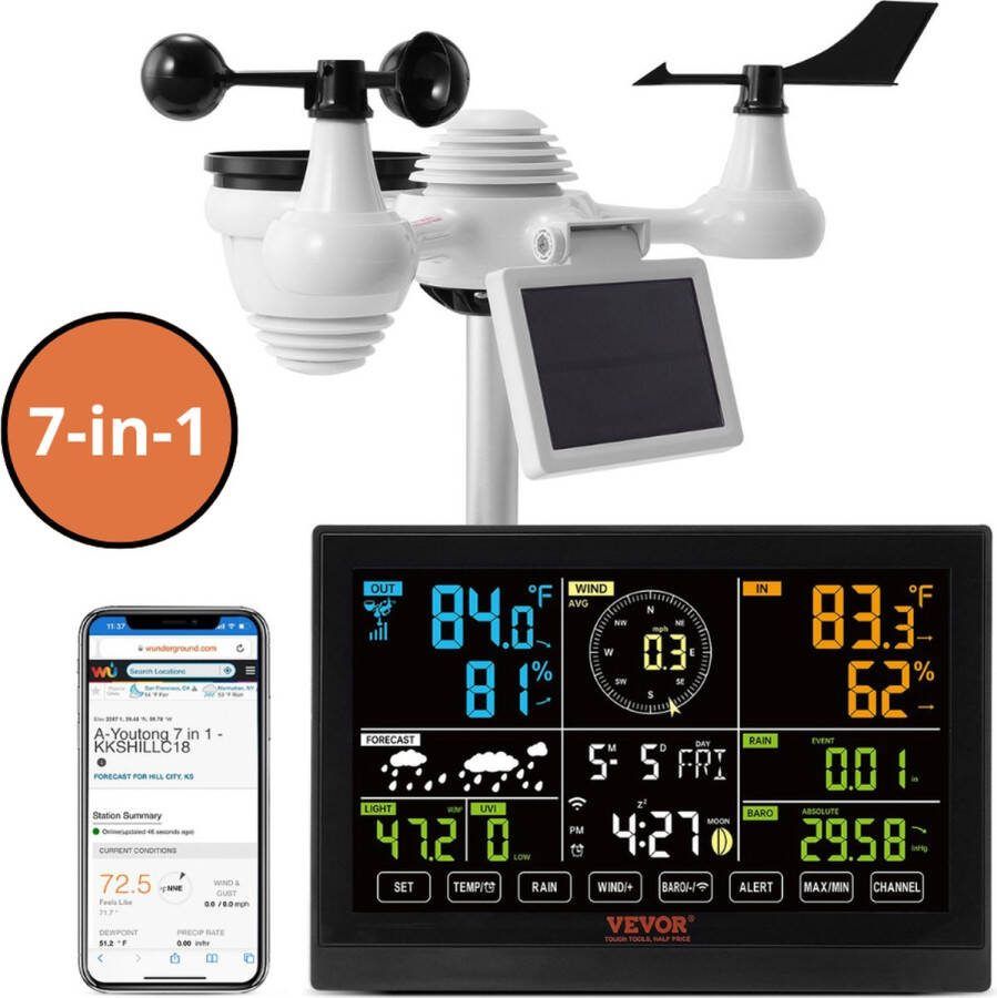 Vevor Weerstation op Zonne-energie met Wifi – 7-in-1 Draadloos Weercentrum met 7 5-inch Kleurendisplay en Buitensensor voor Windsnelheid Windrichting Temperatuur Luchtvochtigheid & Neerslag – 150 m Zendbereik