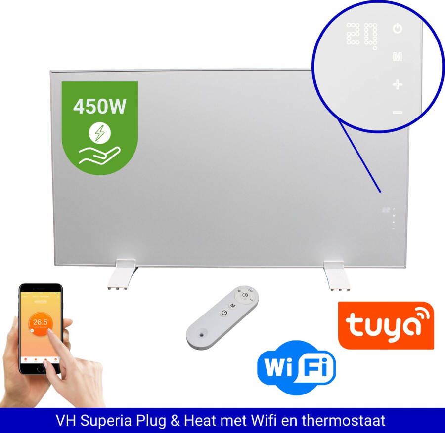 VH Infrarood paneel Superia 50 x 90 cm 450 Watt Inclusief thermostaat Smart Wifi Afstandsbediening Wandmontage & Vrijstaand Mobiel infraroodpaneel