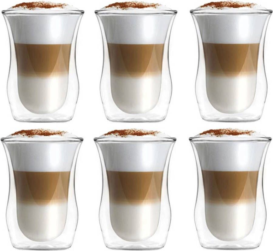 Vialli Design Luxe dubbelwandige glazen Set van 6 glazen Latte Macchiato Espresso Koffieglazen Dubbelwandig Koffiekopjes Theeglazen Koffieglas Theeglas 6 x 300 ml