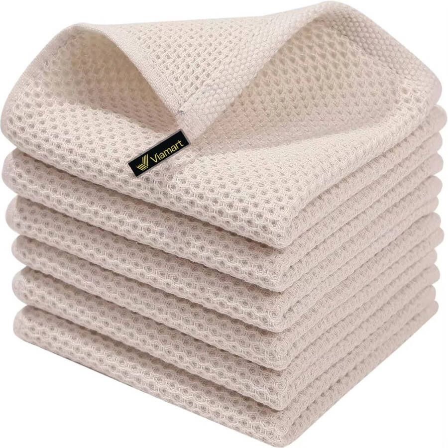 Viamart 3-Pack Professionele Vaatdoeken Keukendoeken Poetsdoeken 100% Katoen Wafelweefsel Ultra Absorberend & Snel Droog Horecakwaliteit 34x34cm Ophanghaak Beige