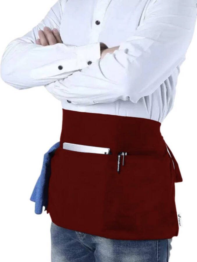 Viamart Professionele Horeca Sloof Horeca Schort Bistroschort Heupschort Bedieningsschort Serveerschort Oberschort Kort Schort Kokssloof Unisex: Man & Vrouw Maat: One Size Fits All Wasbaar op 60° Bordeauxrood