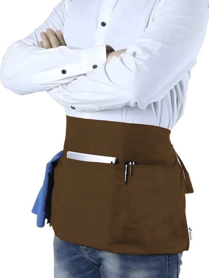 Viamart Professionele Horeca Sloof Horeca Schort Bistroschort Heupschort Bedieningsschort Serveerschort Oberschort Kort Schort Kokssloof Unisex: Man & Vrouw Maat: One Size Fits All Wasbaar op 60° Cognacbruin