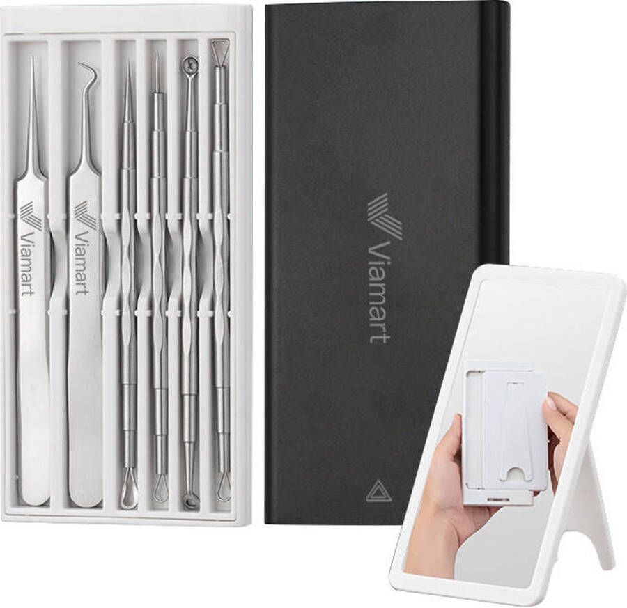 Viamart Professionele Huidverzorging Set Comedonenlepel Set Pincet Tweezer Verwijderen van Haartjes Puistjes Mee-eters Splinters en Teken 6 Pack met 10 Functies