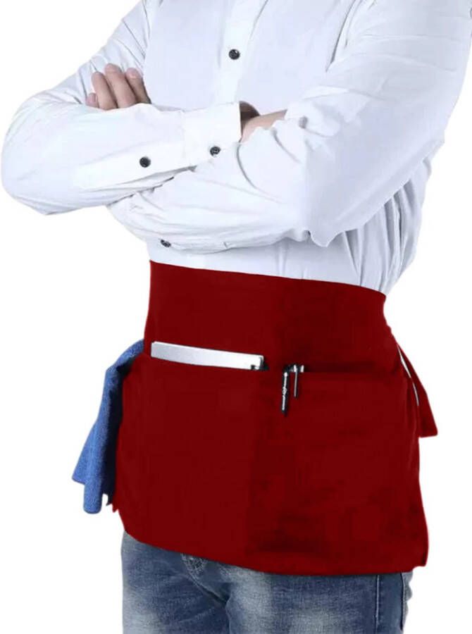 Viamart Professionele Horeca Sloof Horeca Schort Bistroschort Heupschort Bedieningsschort Serveerschort Oberschort Kort Schort Kokssloof Unisex: Man & Vrouw Maat: One Size Fits All Bordeaux Rood