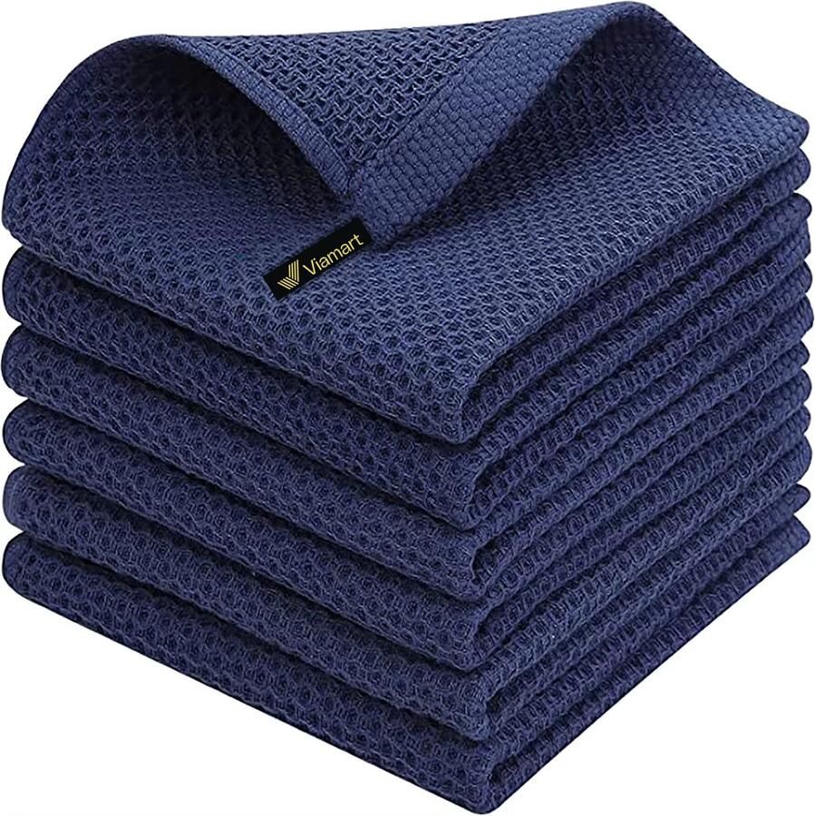 Viamart 3-Pack Professionele Vaatdoeken Keukendoeken Poetsdoeken 100% Katoen Wafelweefsel Ultra Absorberend & Snel Droog Horecakwaliteit 34x34cm Ophanghaak Blauw