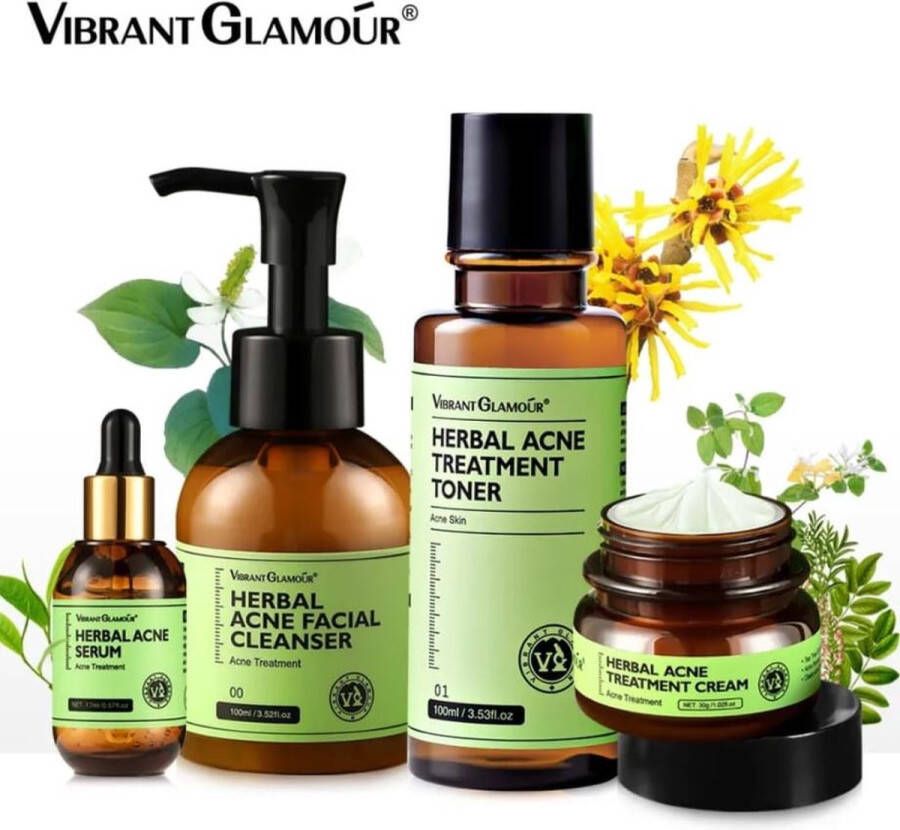 Vibrant Glamour Herbal Huidverzorgings Set 4 Delig Puistjes SerumAcne face serum Anti acne Collageen Gezichtsverzorging Gezicht Serum Dag en Nacht crème Acne Set Behandelingen tegen acne Totaal pakket