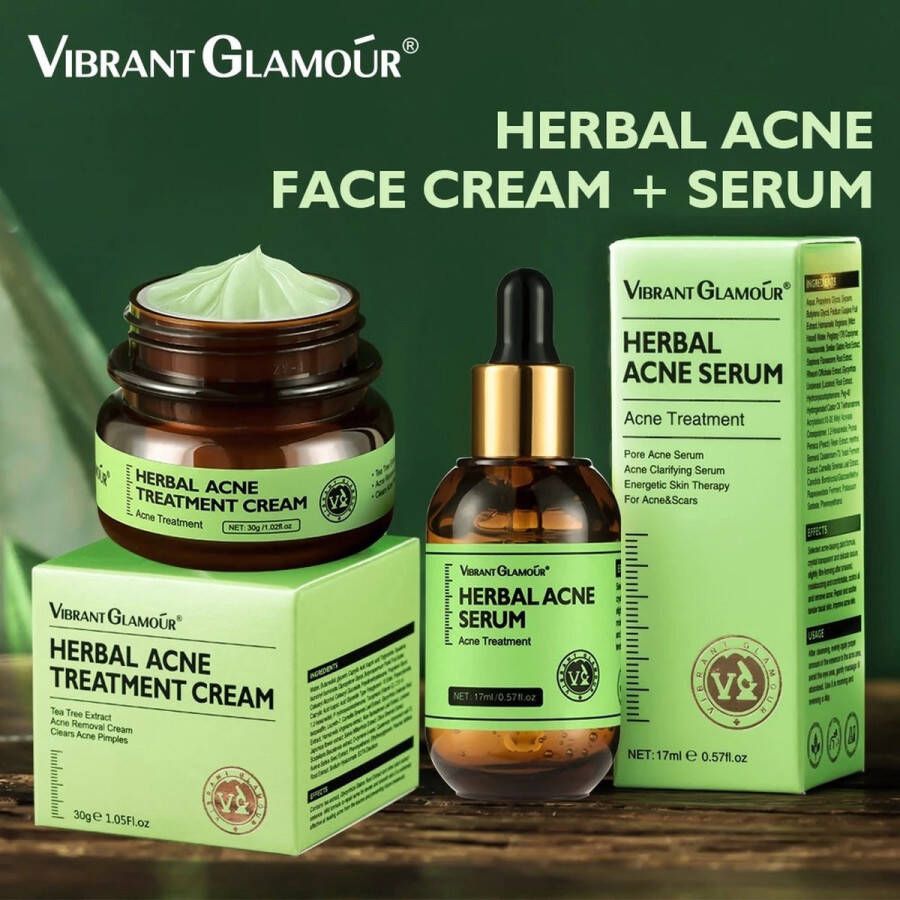 Vibrant Glamour Herbal Huidverzorgings Set Puistjes SerumAcne face serum Anti acne Collageen Gezichtsverzorging Gezicht Serum- Dag en Nacht crème Acne Set Behandelingen tegen acne