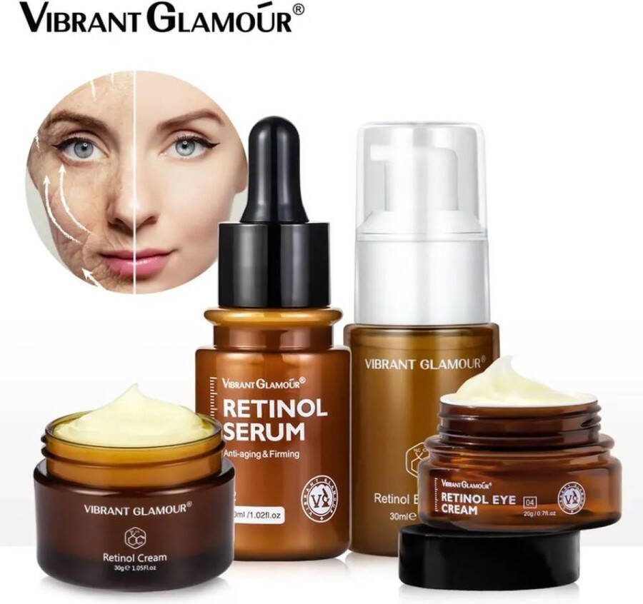 Vibrant Glamour Retinol Set van Gezichtscreme en Retinol serum Retinol oog creme Retinol oog serum Complete Retinol Set Anti-Aging Rimpels Verwijderen Tegen donkere kringen Dag en Nacht Crème 4 Delig Set