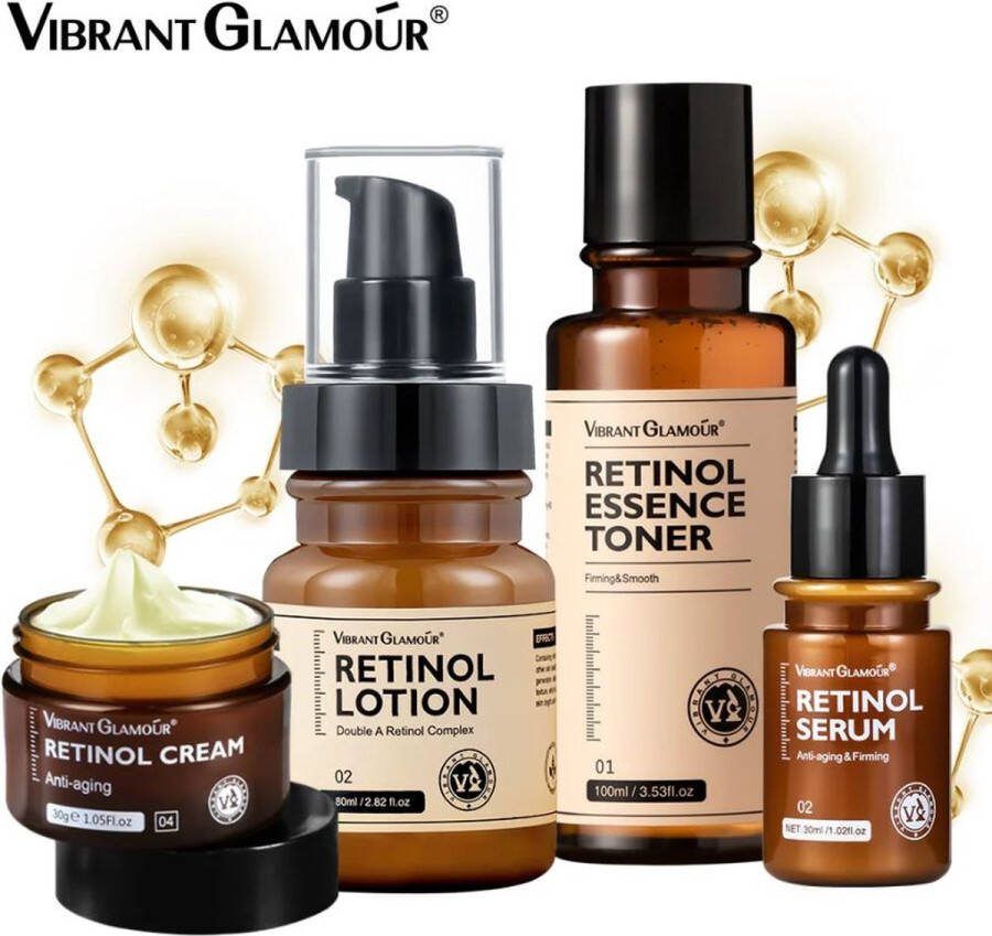 Vibrant Glamour Retinol Set van Retinol Gezichtscrème- Retinol serum Retinol Lotion Retinol Toner Complete Retinol Set Anti-Aging Rimpels Verwijderen Tegen donkere kringen Complete Verzorging set 4 Delig Set