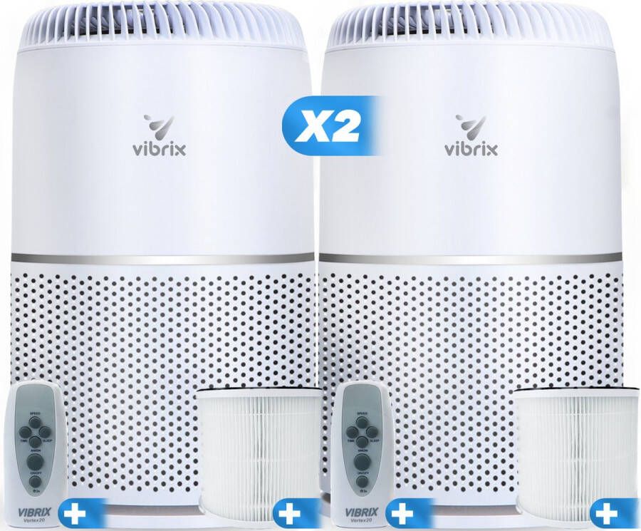 Vibrix 2 X Vortex20 luchtreiniger met 2 NIEUWE filters + 2 afstandsbedieningen Geschikt voor 1 m² tot wel 70 m² Automatische stand + 6-in-1 HEPA filtersysteem Luchtkwaliteitsindicator Ionisator luchtfilter Air Purifier met hepa filter