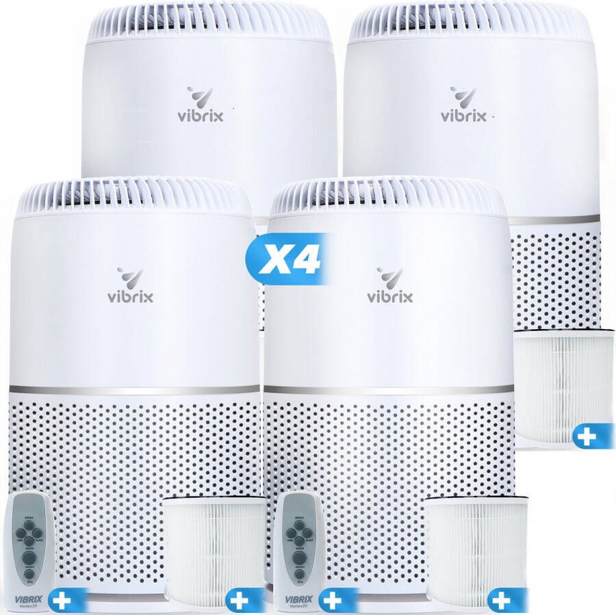 Vibrix 4 X Vortex20 luchtreiniger + 4 afstandsbedieningen Geschikt voor 1 m² tot wel 70 m² Automatische stand + 6-in-1 HEPA filtersysteem Luchtkwaliteitsindicator Ionisator Luchtfilter Air purifier met HEPA-filter Kerstcadeau