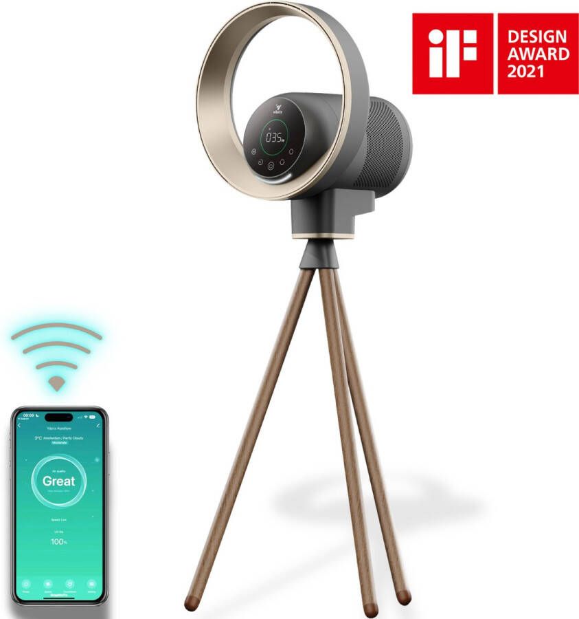 Vibrix Design Ventilator met Luchtreiniger Woonkamer 70 m² HEPA Filter Ionisator Luchtfilter Air Purifier Air Cleaner AuraFlow CADR 275 m3 h Statiefventilator Vloerventilator
